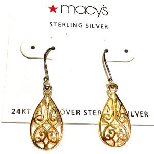 🩷NEW Valentines Boho Filigree Teardrop Dangle Earrings 24kt Gold Sterling Silver